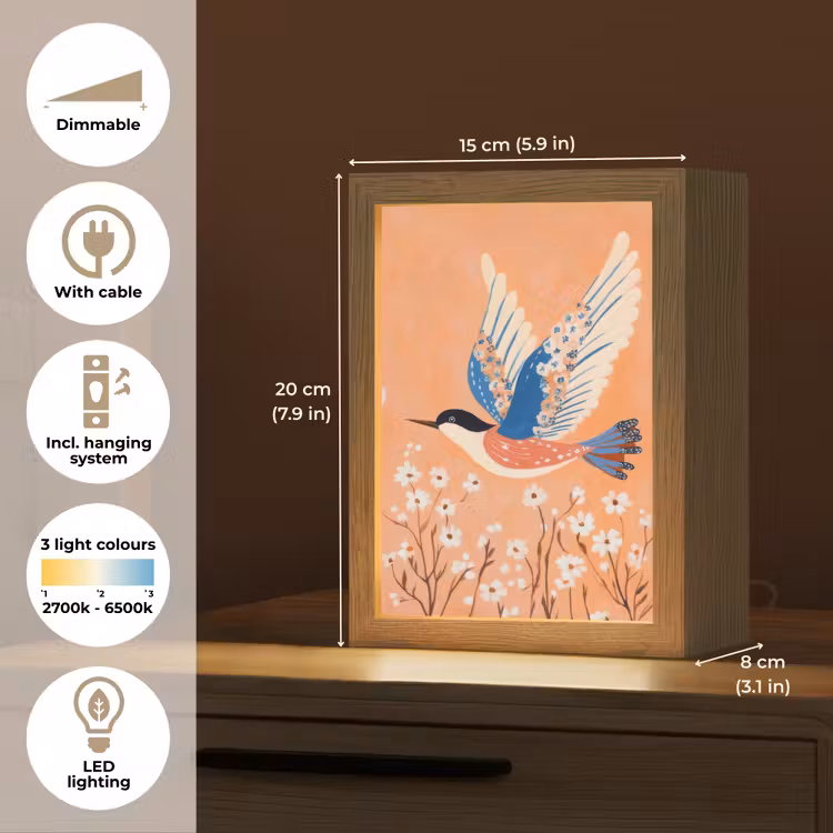 Vogel - Bloesemtakken - Warm - Kleurrijk Light Box met kabel (Tafellamp) klein -USP_EN