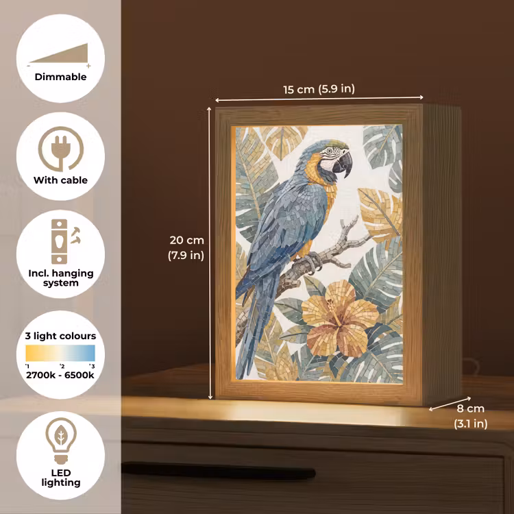 Vogel - Tak - Natuur - Mozaïek - Blauw Light Box met kabel (Tafellamp) klein -USP_EN