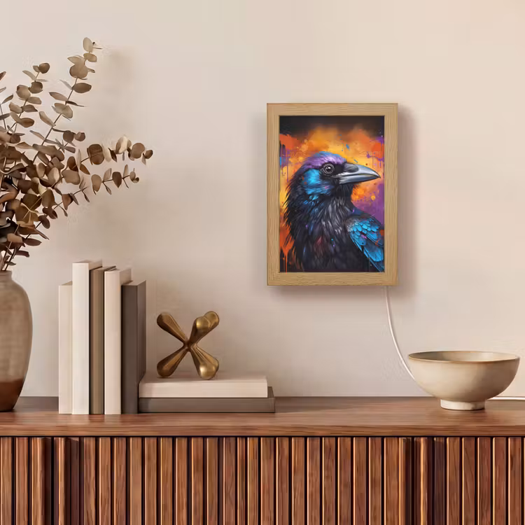 Vogel - Kraai - Graffiti - Zwart - Dieren Light Box met kabel (Tafellamp) klein -sfeer2