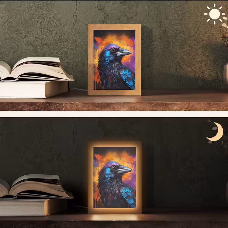 Vogel - Kraai - Graffiti - Zwart - Dieren Light Box met kabel (Tafellamp) klein -sfeer3