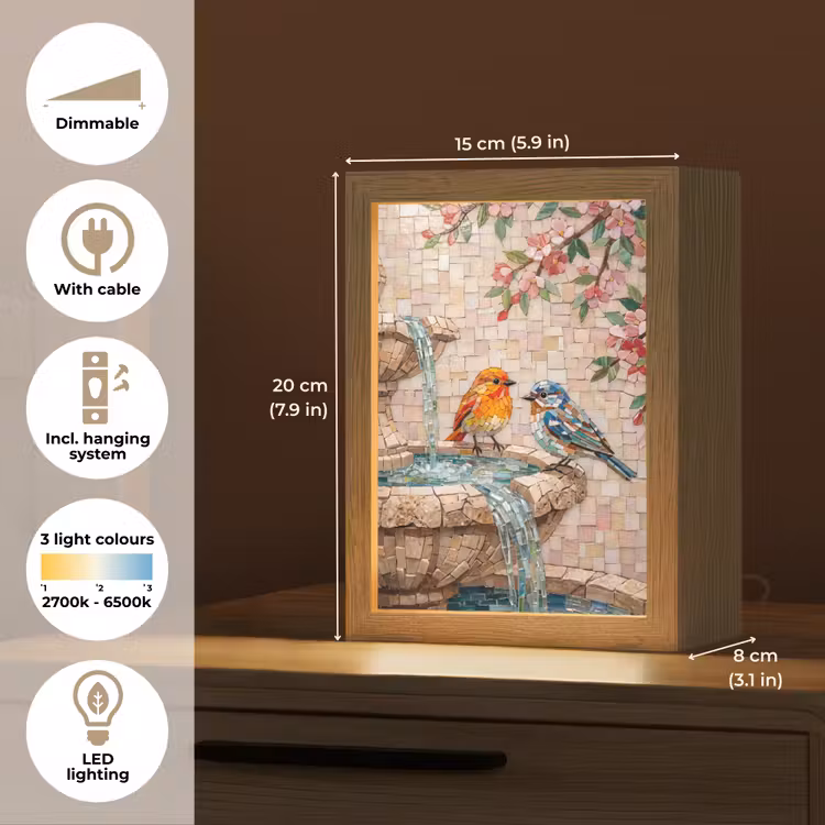 Vogel - fontein - mozaiek - kleurrijk - dieren Light Box met kabel (Tafellamp) klein -USP_EN