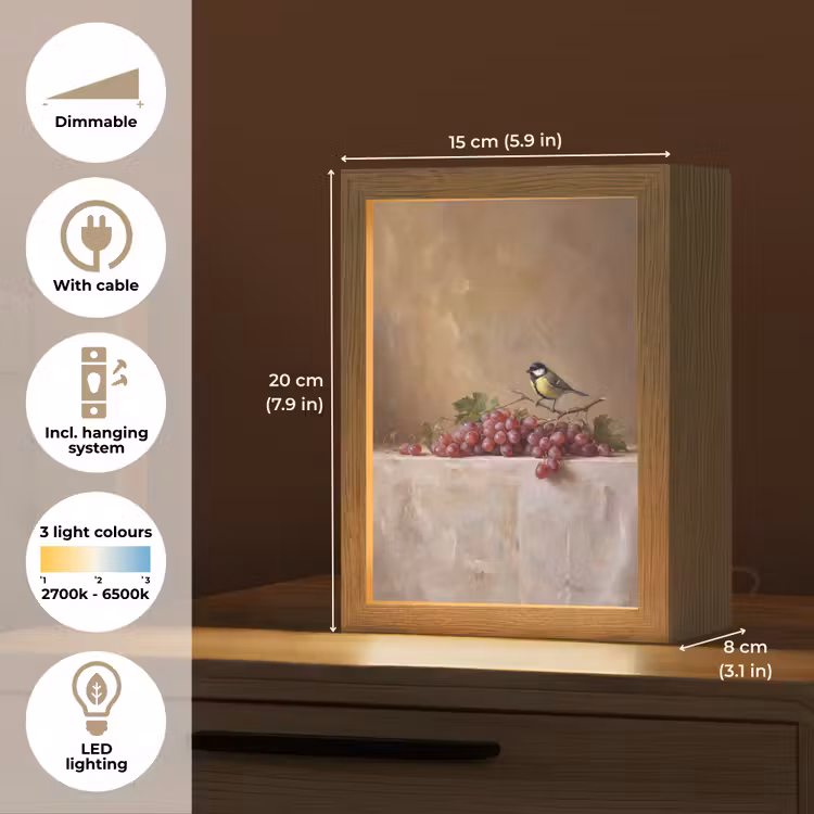 Table Lamp - Bird - Grapes - Still Life - Vogel - Druiven - Stilleven Light Box met kabel (Tafellamp) klein
