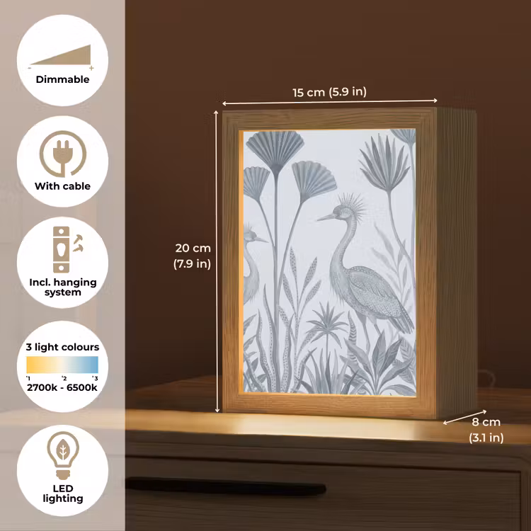 Vogel - Tropisch - Illustratie - Blauwgrijs - Natuur Light Box met kabel (Tafellamp) klein -USP_EN