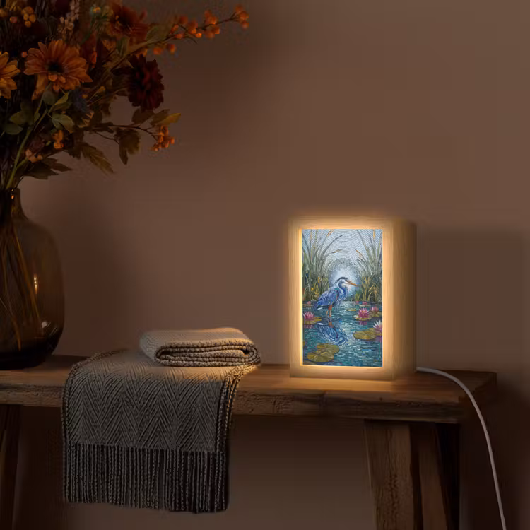 Vogel - Water - Natuur - Abstract - Blauw Light Box met kabel (Tafellamp) klein -sfeer4