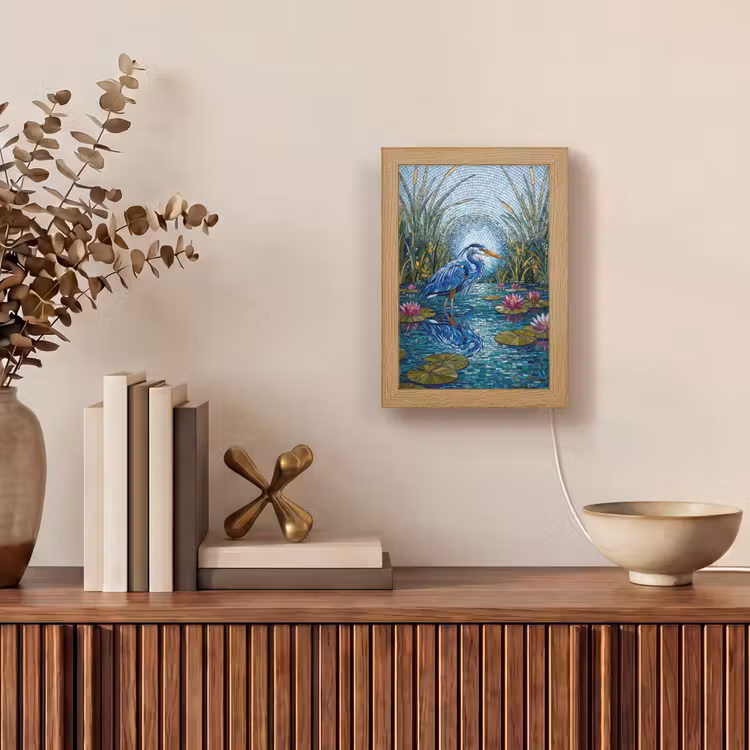 Vogel - Water - Natuur - Abstract - Blauw Light Box met kabel (Tafellamp) klein -sfeer2