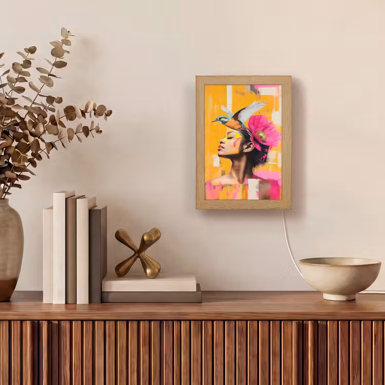 Vogel - Vrouw - Abstract - Bloem Light Box met kabel (Tafellamp) klein -sfeer2