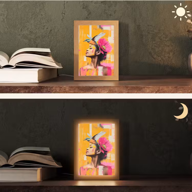Vogel - Vrouw - Abstract - Bloem Light Box met kabel (Tafellamp) klein -sfeer3