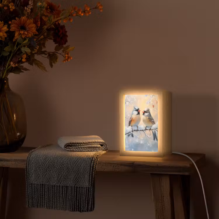 Vogels - Tak - Winter - Sneeuw Light Box met kabel (Tafellamp) klein -sfeer4