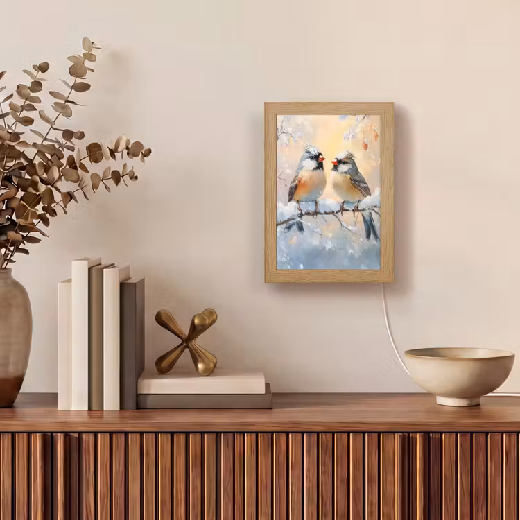 Vogels - Tak - Winter - Sneeuw Light Box met kabel (Tafellamp) klein -sfeer2