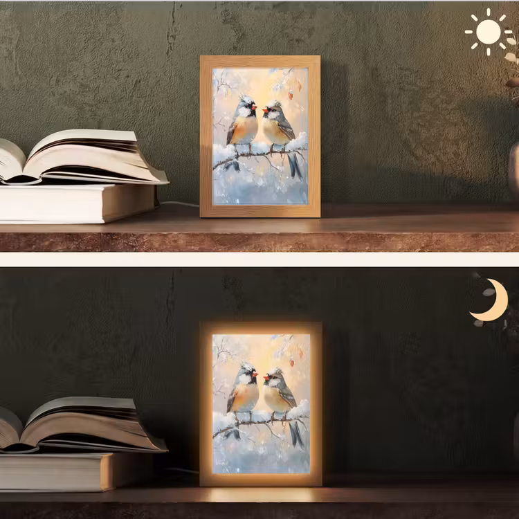 Vogels - Tak - Winter - Sneeuw Light Box met kabel (Tafellamp) klein -sfeer3