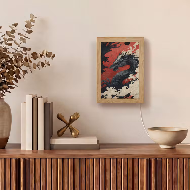 Zwarte draak - Rookwolken - Rood Light Box met kabel (Tafellamp) klein -sfeer2