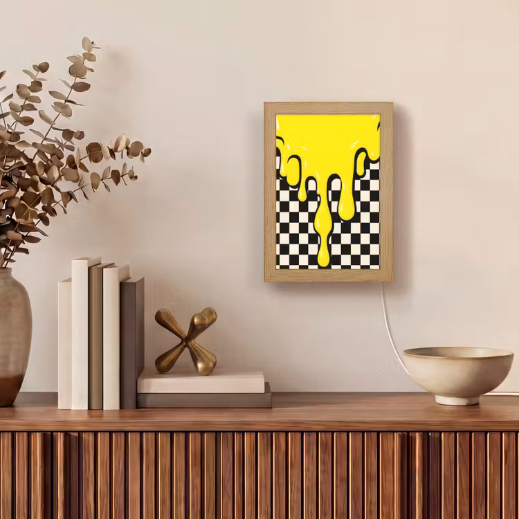 Geblokt - Grafisch - Vloeistof - Geel Light Box met kabel (Tafellamp) klein -sfeer2