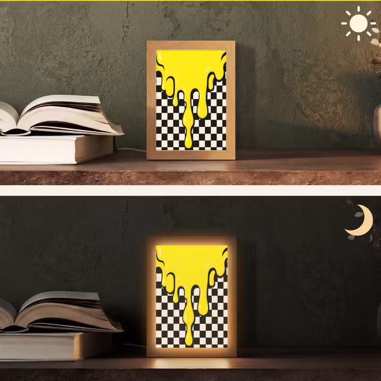 Geblokt - Grafisch - Vloeistof - Geel Light Box met kabel (Tafellamp) klein -sfeer3