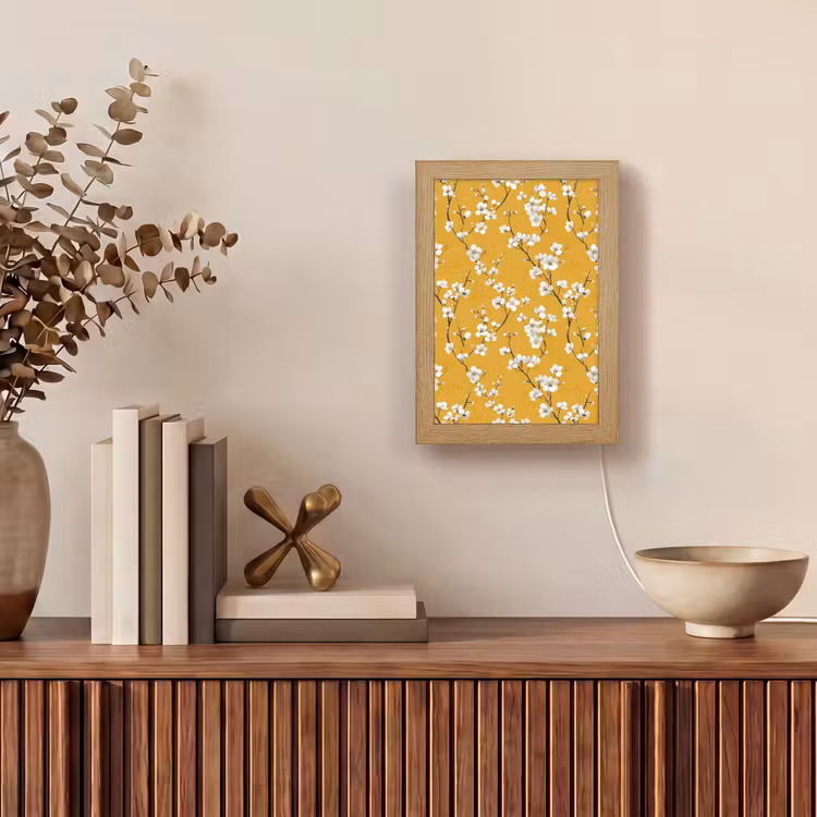 Bloesemtak - Aquarel - Geel Light Box met kabel (Tafellamp) klein 925 -sfeer2