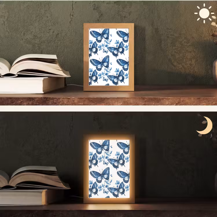 Blauw - Vlinders - Bloemen - Wit Light Box met kabel (Tafellamp) klein 925 -sfeer3