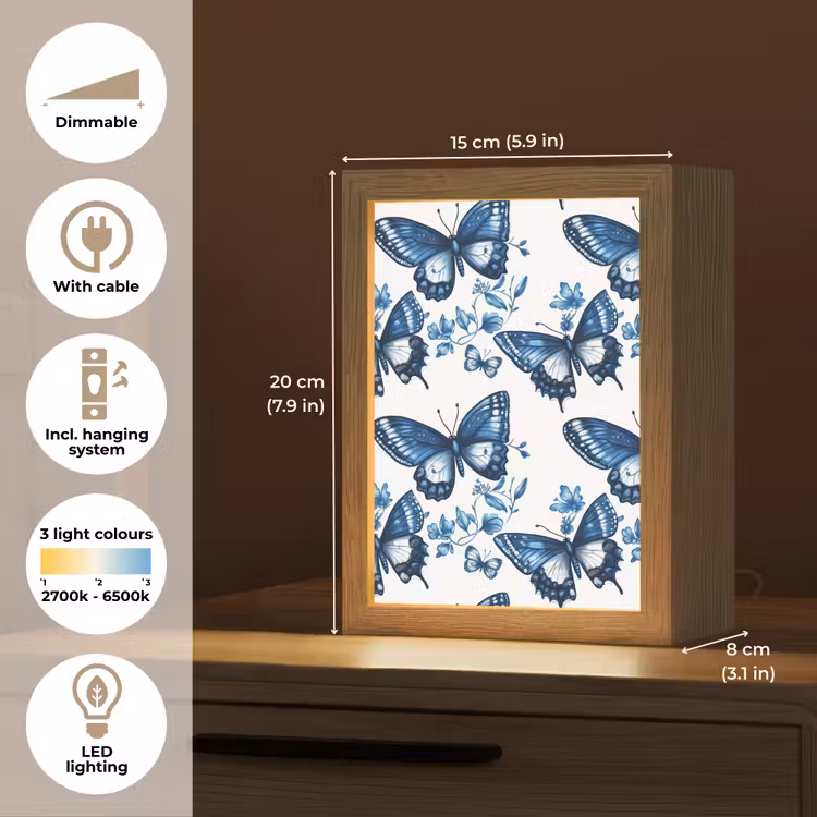 Blauw - Vlinders - Bloemen - Wit Light Box met kabel (Tafellamp) klein 925 -USP_EN