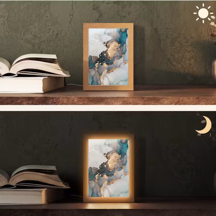 Blauw - Marmer - Goud Light Box met kabel (Tafellamp) klein -sfeer3