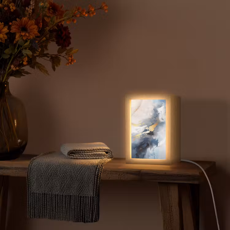 Blauw - Modern - Marmer - Abstract - Goud Light Box met kabel (Tafellamp) klein -sfeer4