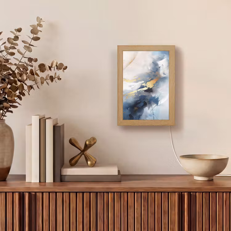 Blauw - Modern - Marmer - Abstract - Goud Light Box met kabel (Tafellamp) klein -sfeer2