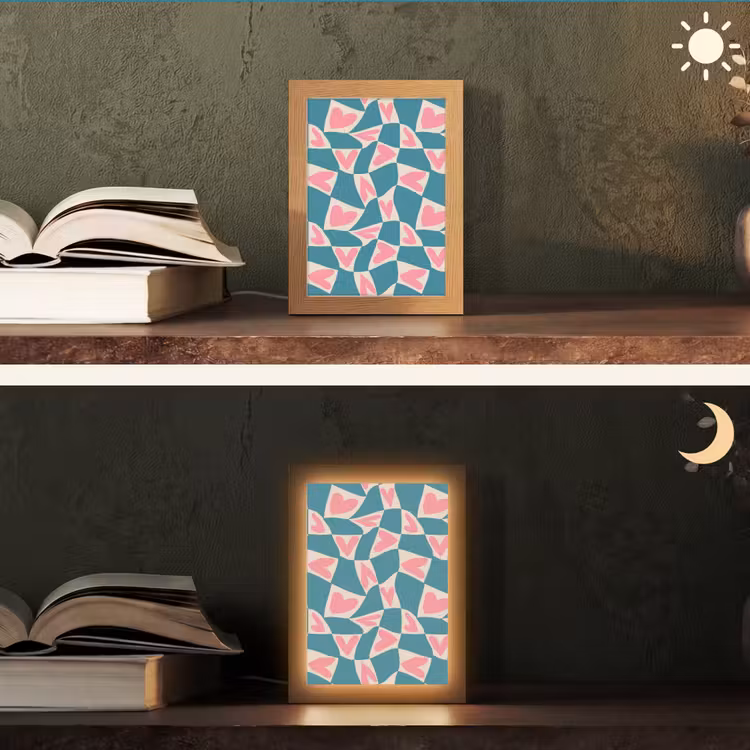 Blauw - Vlakken - Patroon - Hartjes Light Box met kabel (Tafellamp) klein 925 -sfeer3