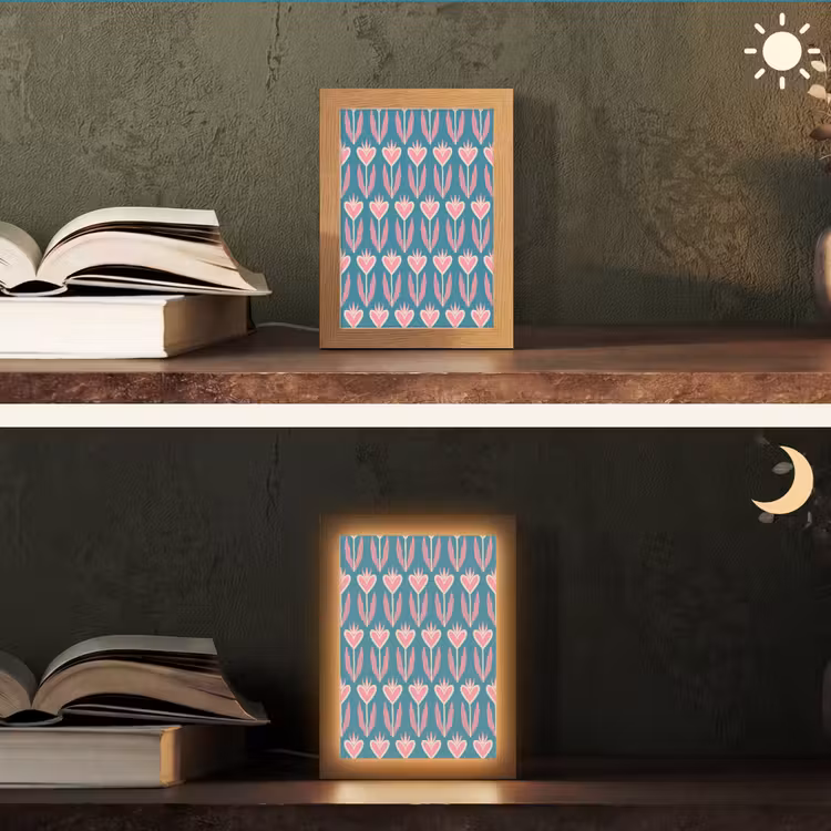 Blauw - Retro - Patroon - Hartjes Light Box met kabel (Tafellamp) klein 925 -sfeer3