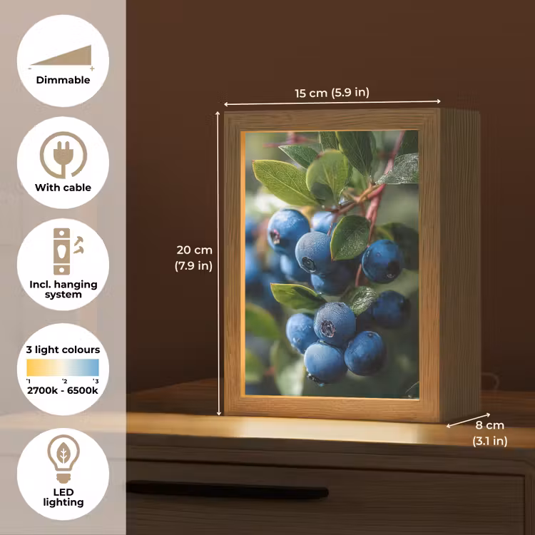 Blauwe bessen - Dauwdruppels - Natuurlijk licht Light Box met kabel (Tafellamp) klein -USP_EN