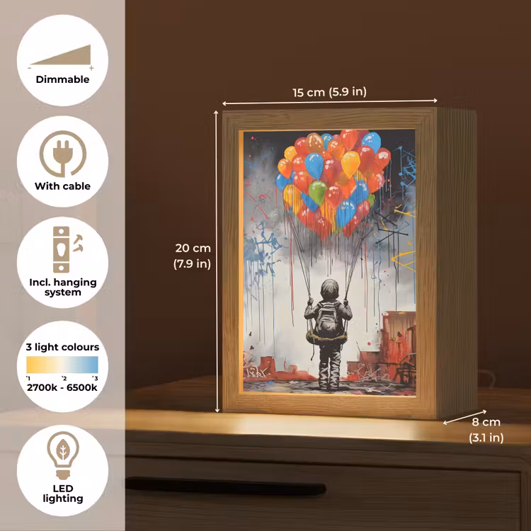 Jongen - Ballonnen - Gebouwen - Kunst Light Box met kabel (Tafellamp) klein -USP_EN