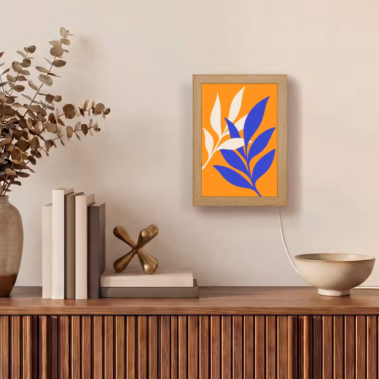 Takken - Bladeren - Minimalistisch - Blauw Light Box met kabel (Tafellamp) klein -sfeer2