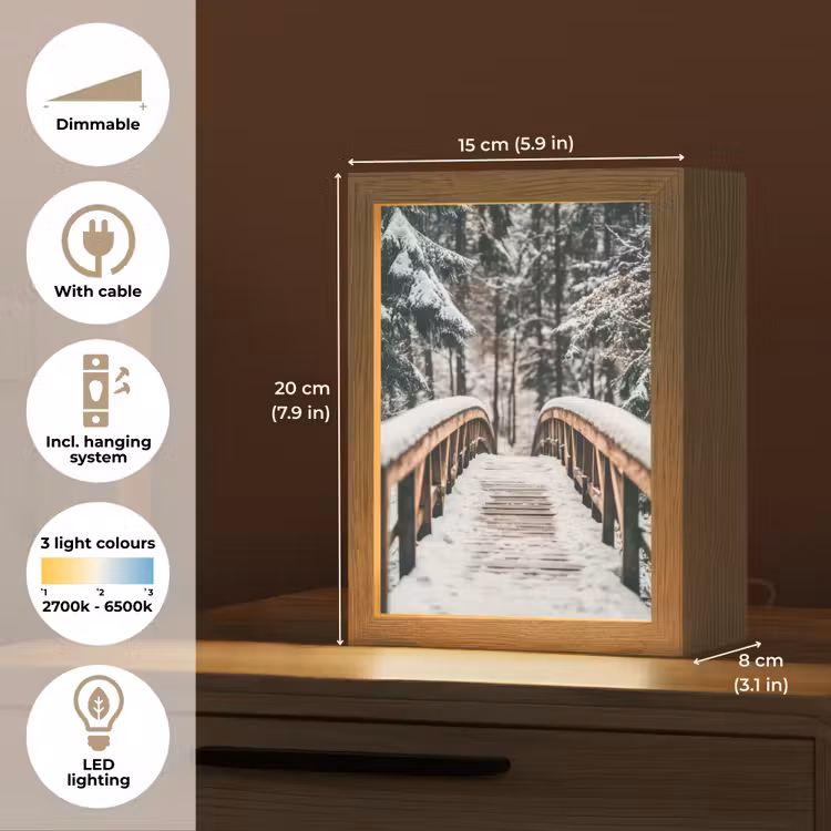 Brug - Winterlandschap - Bos - Natuur - Sneeuw Light Box met kabel (Tafellamp) klein -USP_EN