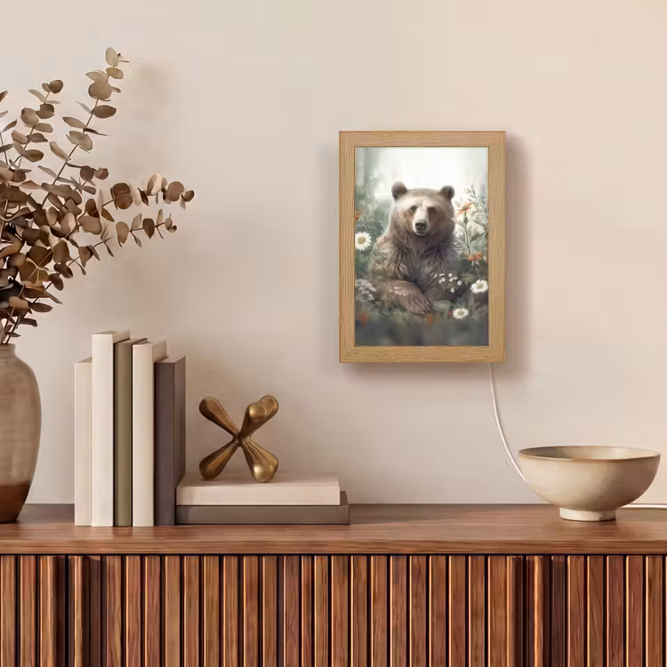 Bruine beer - Wilde dieren - Bloemen - Planten Light Box met kabel (Tafellamp) klein -sfeer2