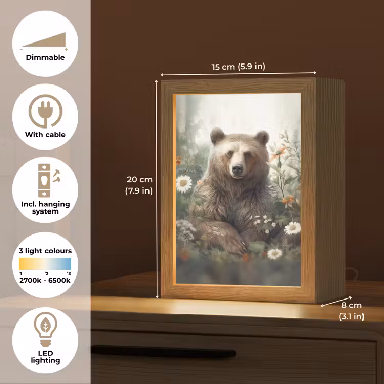 Bruine beer - Wilde dieren - Bloemen - Planten Light Box met kabel (Tafellamp) klein -USP_EN