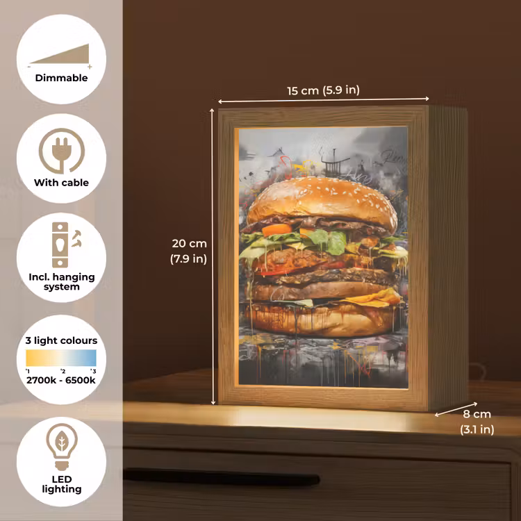 Burger - Eten - Kunst - Grijs - Graffiti Light Box met kabel (Tafellamp) klein -USP_EN