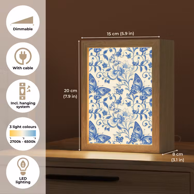 Vlinders - Bloemen - Blauw - Botanisch Light Box met kabel (Tafellamp) klein 925 -USP_EN