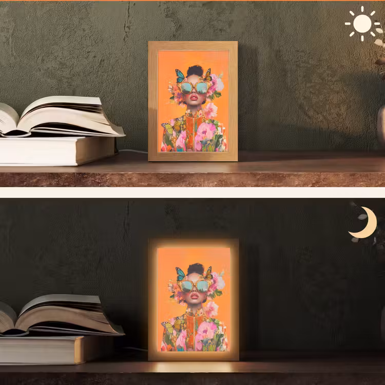 Vlinders - Vrouw - Zonnebril - Kleurrijk Light Box met kabel (Tafellamp) klein -sfeer3