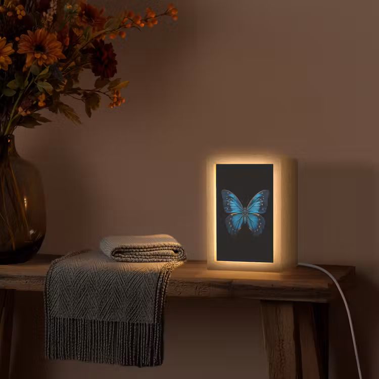 Vlinder - Blauw - Contrast Light Box met kabel (Tafellamp) klein -sfeer4