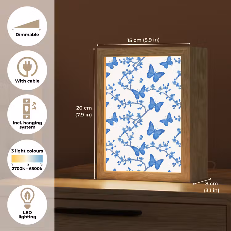 Vlinder - Bloemen - Blauw Light Box met kabel (Tafellamp) klein 925 -USP_EN