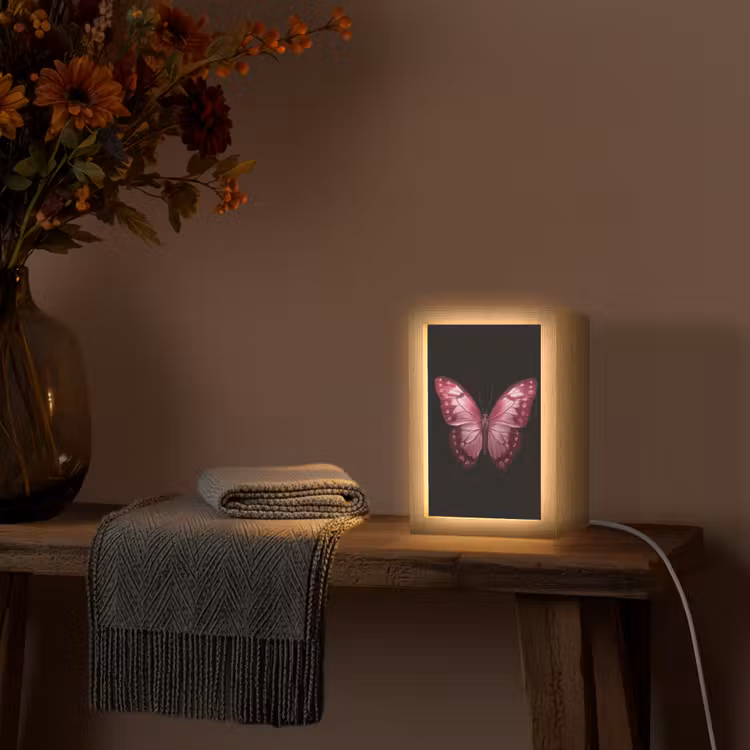 Vlinder - Fuchsia - Grafisch Light Box met kabel (Tafellamp) klein -sfeer4