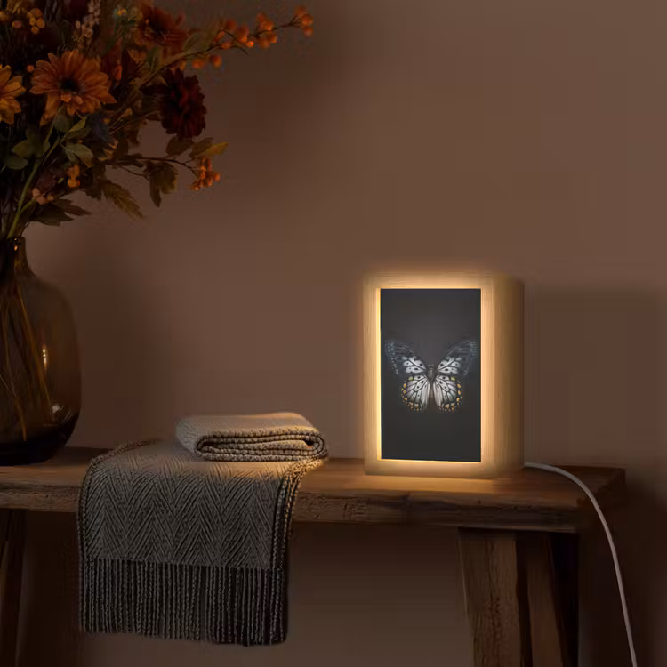 Vlinder - Monochroom - Balans Light Box met kabel (Tafellamp) klein -sfeer4