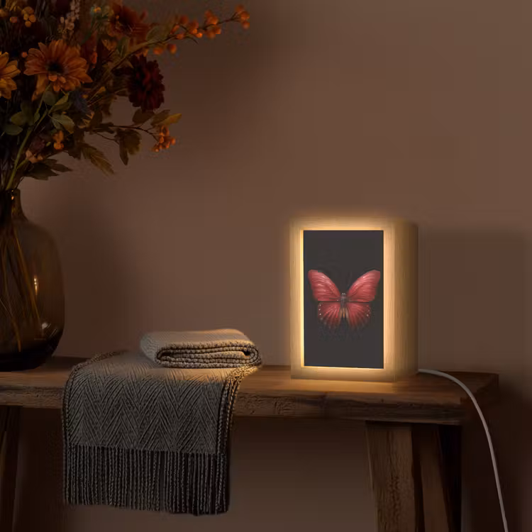 Vlinder - Rood - Minimalistisch Light Box met kabel (Tafellamp) klein -sfeer4