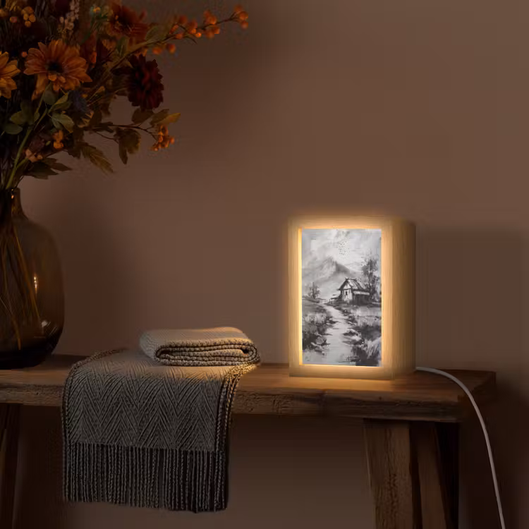 Hut - Grijs - Bergen - Mistig Light Box met kabel (Tafellamp) klein -sfeer4