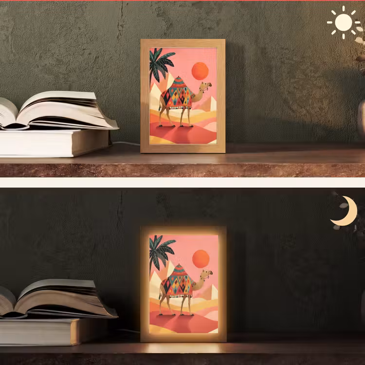 Kameel - Pyramides - Rode zon Light Box met kabel (Tafellamp) klein -sfeer3