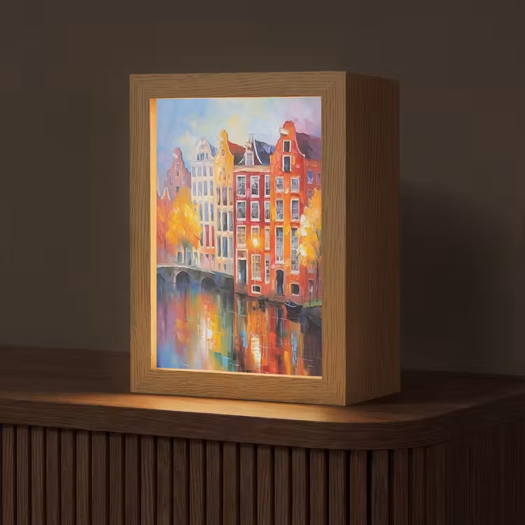Grachtenpanden - Kunst - Schilderij - Amsterdam Light Box met kabel (Tafellamp) klein -z3d_website
