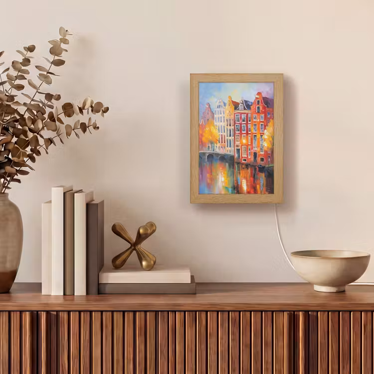 Grachtenpanden - Kunst - Schilderij - Amsterdam Light Box met kabel (Tafellamp) klein -sfeer2