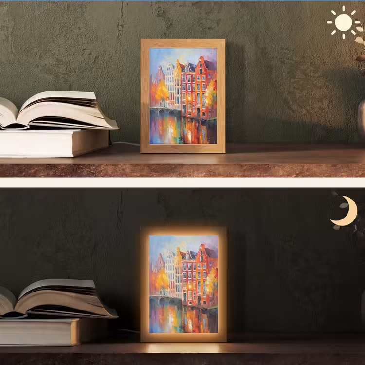Grachtenpanden - Kunst - Schilderij - Amsterdam Light Box met kabel (Tafellamp) klein -sfeer3