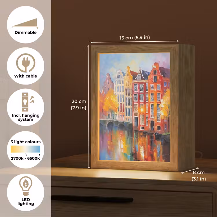 Grachtenpanden - Kunst - Schilderij - Amsterdam Light Box met kabel (Tafellamp) klein -USP_EN