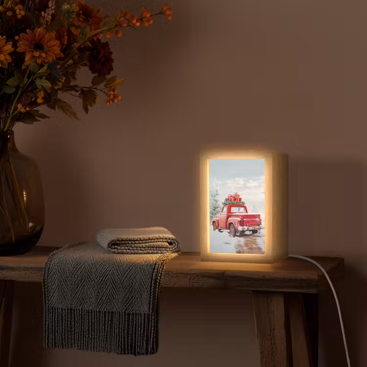 Auto - Rood - Cadeaus - Winter - Sneeuw - Kerst Light Box met kabel (Tafellamp) klein -sfeer4