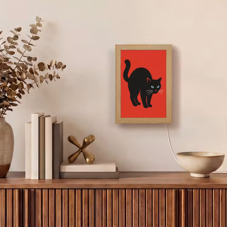 Kat - Zwart - Staart Light Box met kabel (Tafellamp) klein -sfeer2