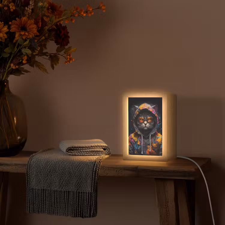 Kat - Jas - Graffiti - Bril - Zwart Light Box met kabel (Tafellamp) klein -sfeer4