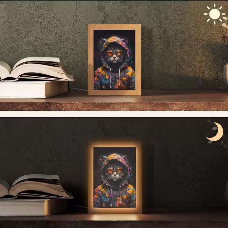 Kat - Jas - Graffiti - Bril - Zwart Light Box met kabel (Tafellamp) klein -sfeer3