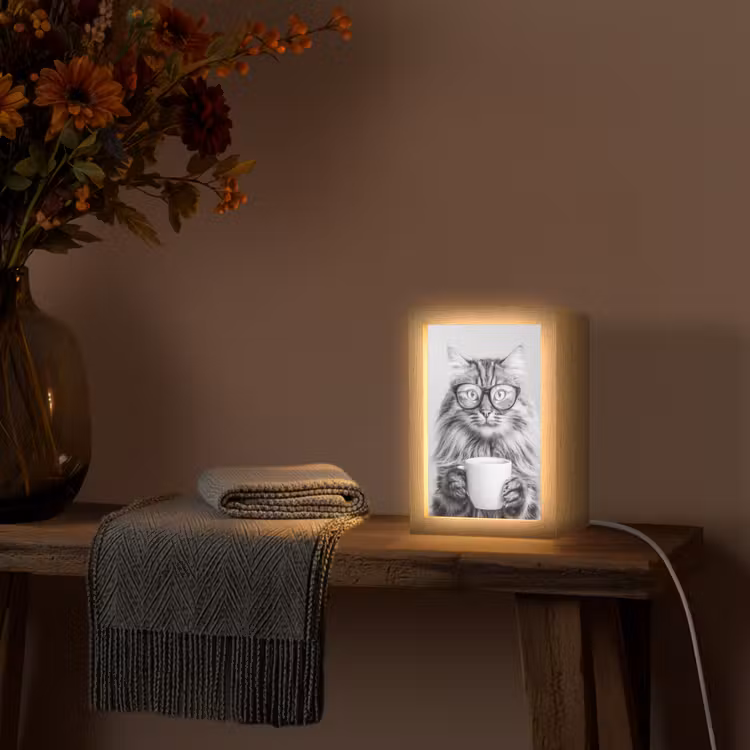 Kat - Bril - Mok - Pluizig Light Box met kabel (Tafellamp) klein -sfeer4